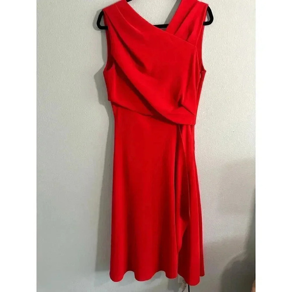 Iris & Ink Asymmetrical Waistline Reddish Orange Dress 14 - Picture 6 of 12